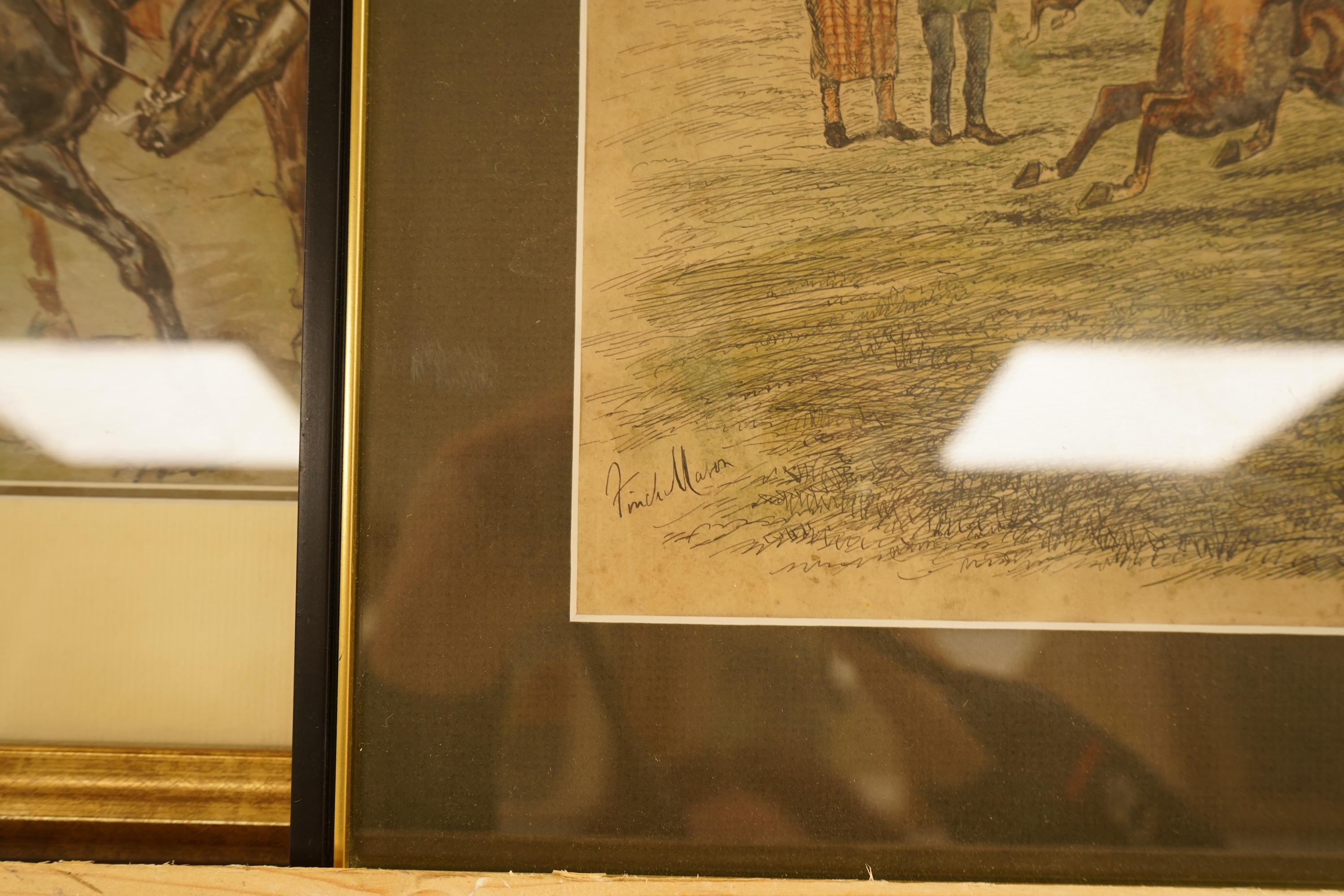 George Finch Mason (1850-1915), Three hunting interest ink and watercolours to include 'Law at Newmarket' and 'Extract from the diary of Miss Tanbrush' two signed, largest 24 x 32cm